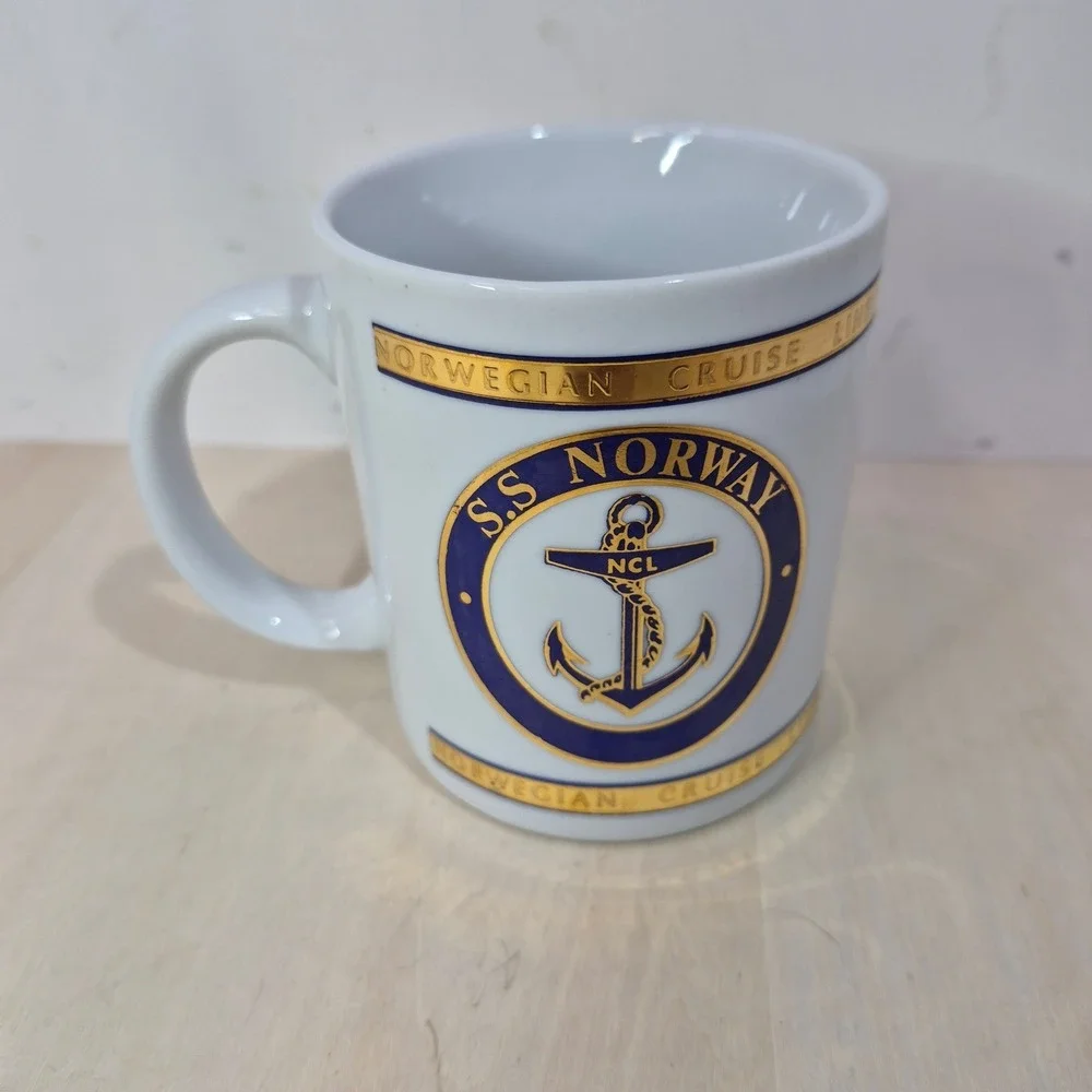 Norwegian Cruise Line SS Norway Coffee Mug Vintage Nautical Anchor White Gold